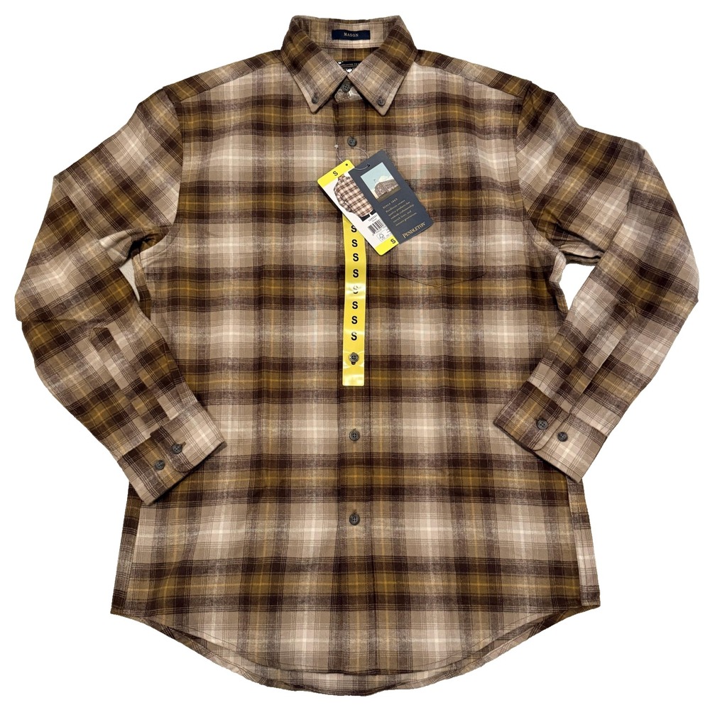 Pendleton Mason Shirt Mens S Brown Plaid Cotton Flannel Button Front lodge camp - Picture 2 of 12